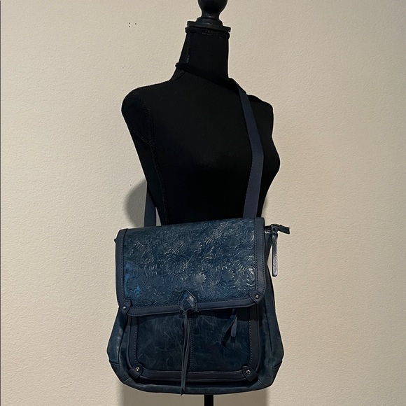 The Sak Blue Embossed Leather Backpack Crossbody Convertible Bag Boho Floral - Picture 4 of 10